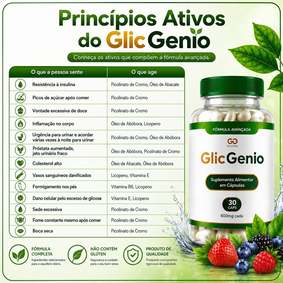 Tabela dos princípios ativos das cápsulas de GlicGenio, relacionando o que a pessoa sente com o ativo que age