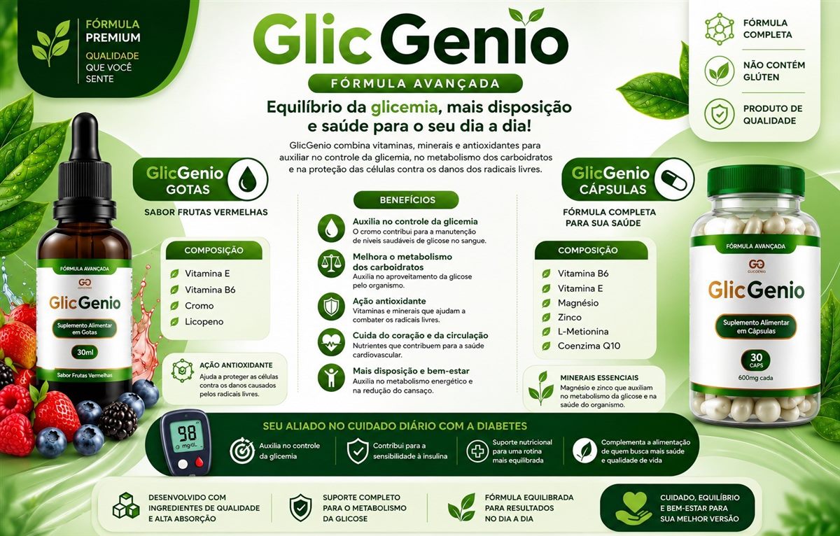 Composição e benefícios do GlicGenio em cápsulas e em gotas