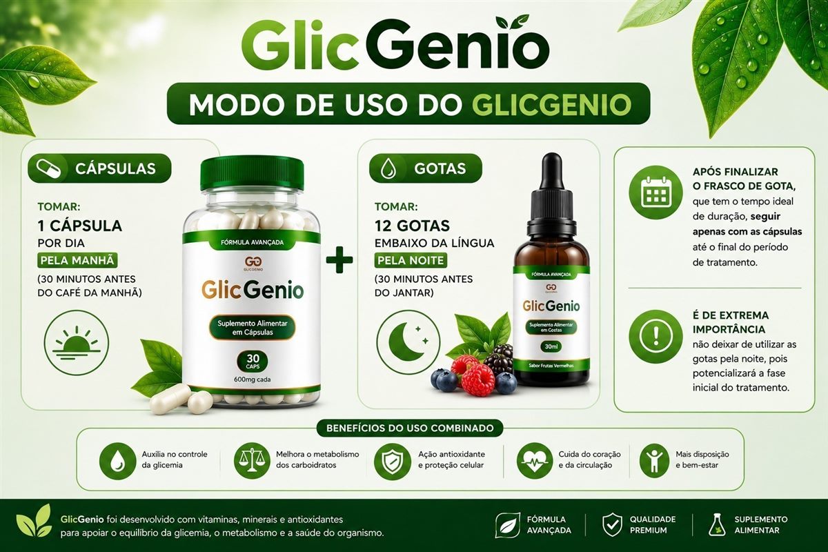 Modo de uso do GlicGenio: 1 cápsula pela manhã, 30 minutos antes do café, e 12 gotas embaixo da língua à noite, 30 minutos antes do jantar