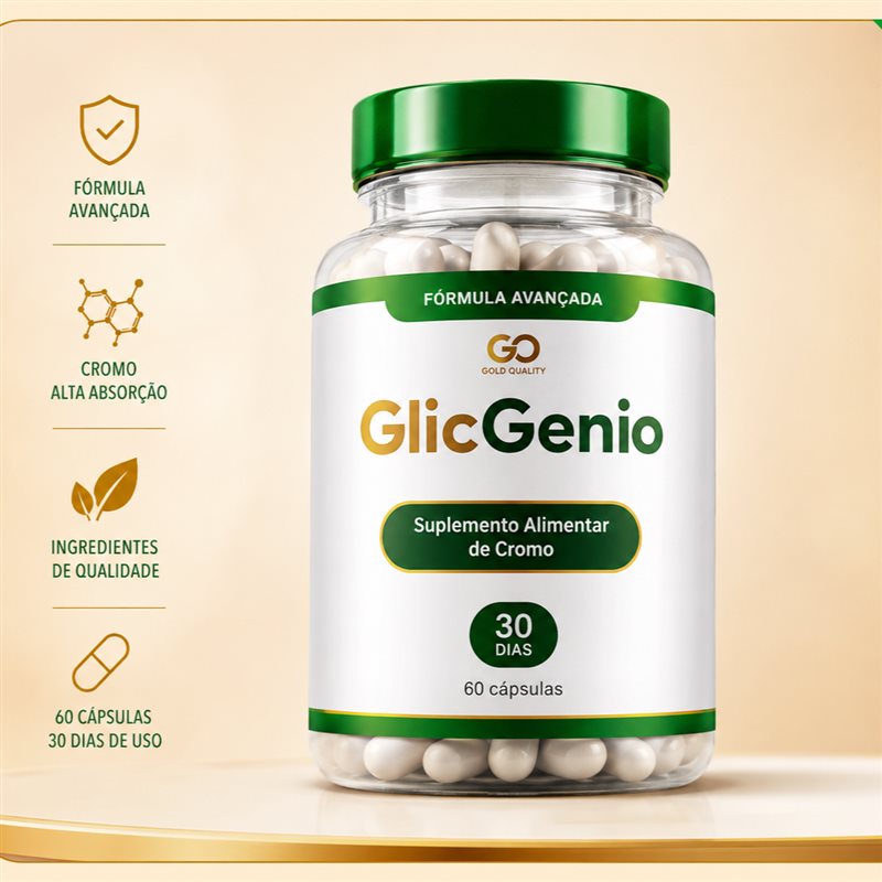 Frasco de GlicGenio, suplemento alimentar de cromo, contendo 60 cápsulas para 30 dias de uso