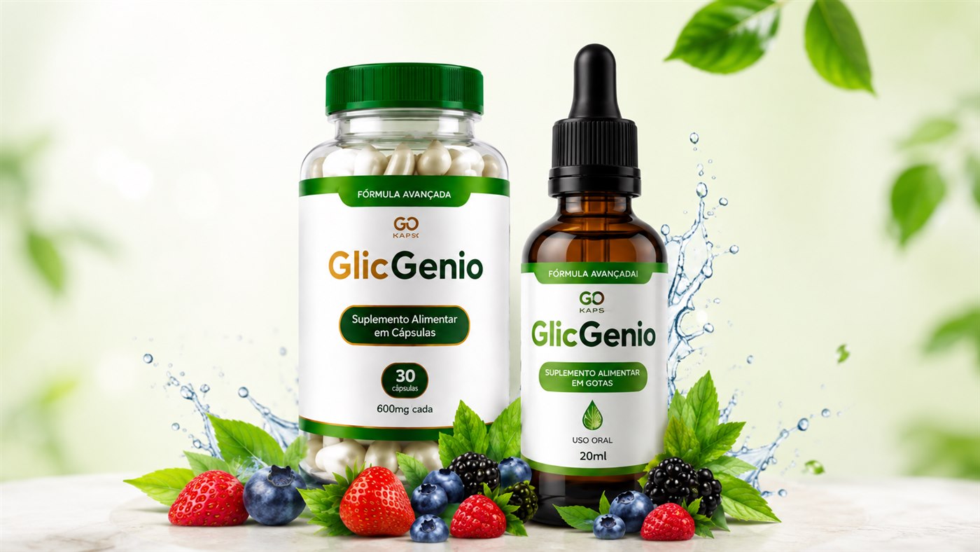 GlicGenio em cápsulas, frasco com 30 cápsulas de 600mg, ao lado do GlicGenio em gotas, frasco conta-gotas de uso oral